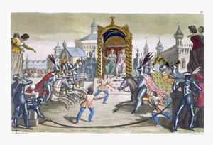 Chevaliers jouteurs devant un roi et une reine (gravure en couleur)
